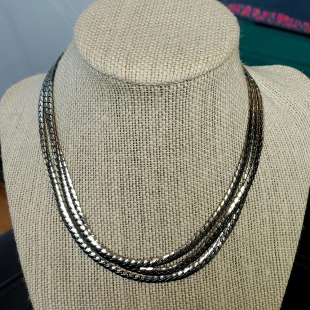 Vintage Lisner Triple Chain Choker Silvertone Necklace